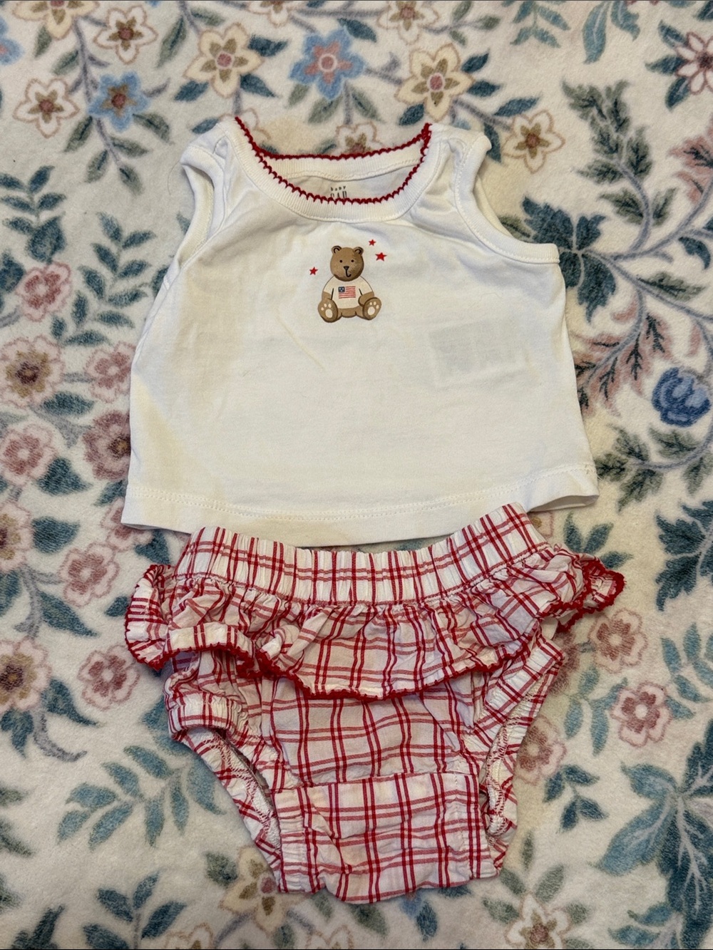 Baby Gap White Bear Tank Top & Red Plaid Ruffle Bloomer Set